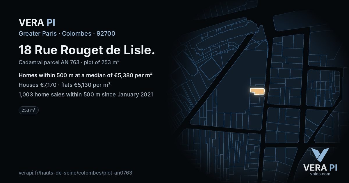 18 Rue Rouget de Lisle, Colombes at night – the plot lit, the parcels around coloured by the prices near them
