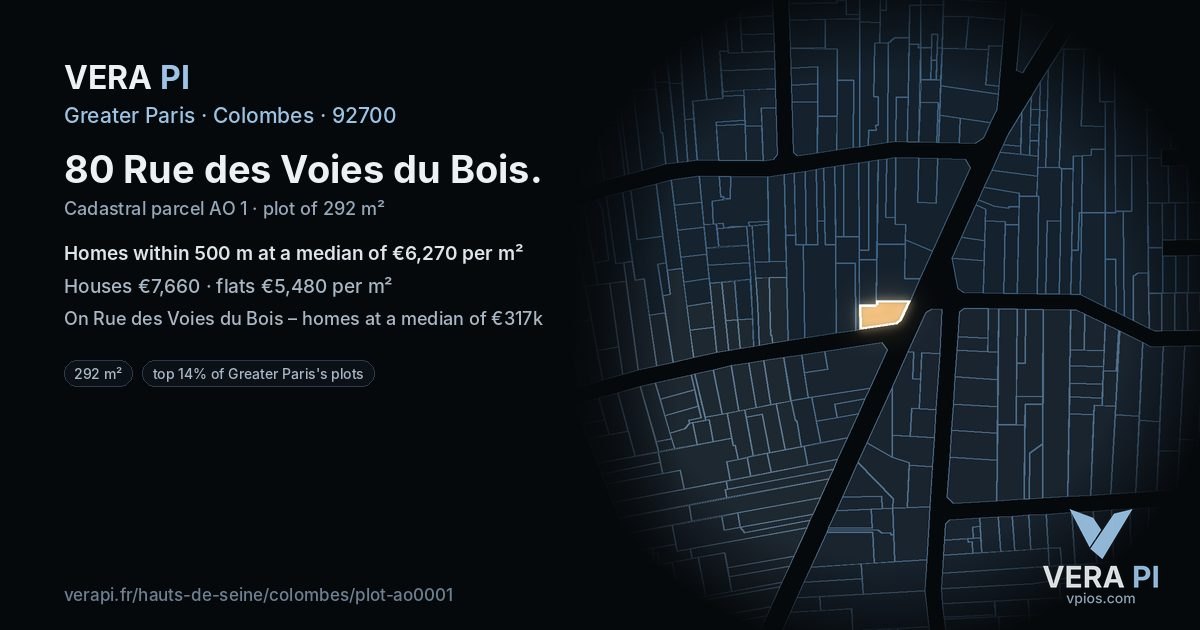80 Rue des Voies du Bois, Colombes at night – the plot lit, the parcels around coloured by the prices near them