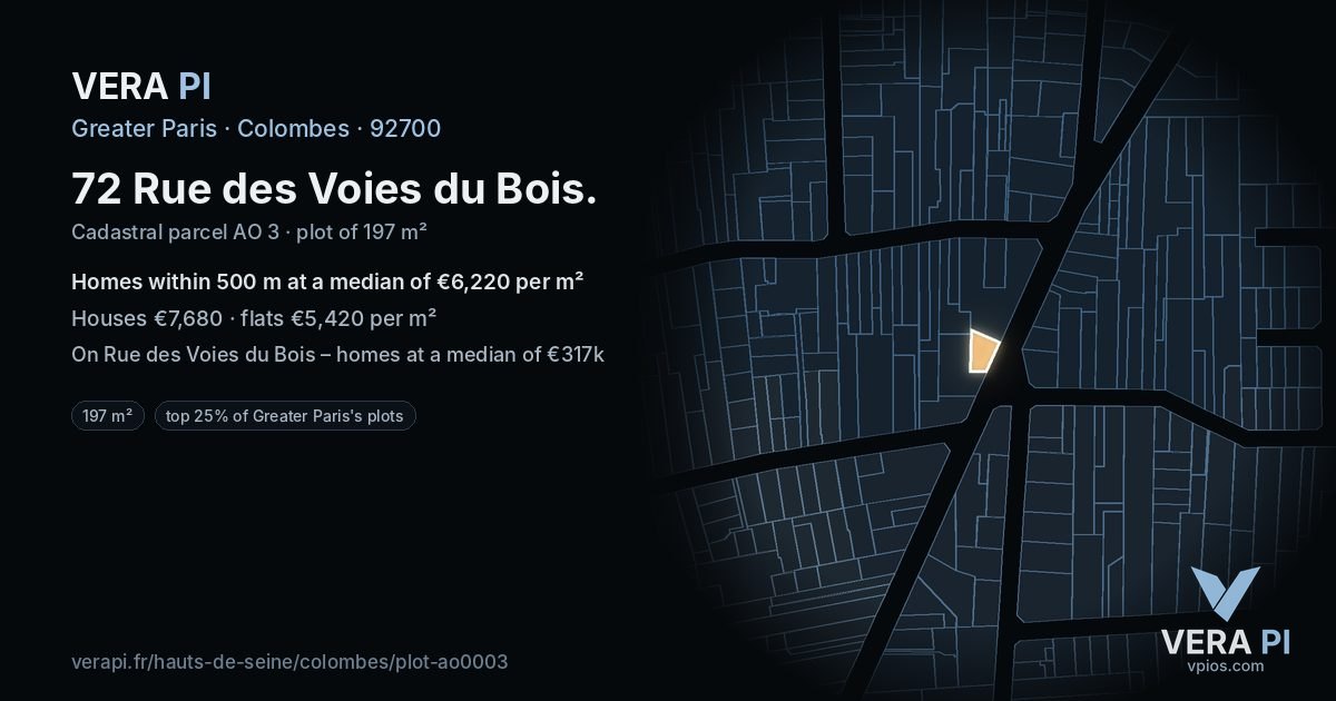 72 Rue des Voies du Bois, Colombes at night – the plot lit, the parcels around coloured by the prices near them