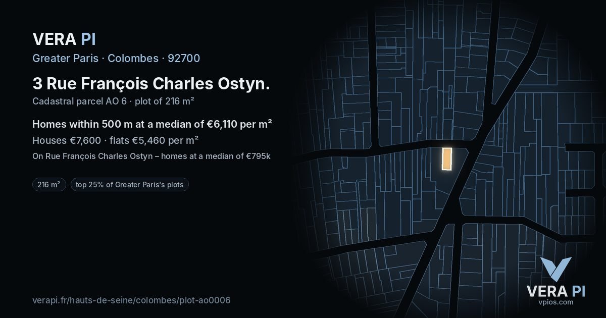3 Rue François Charles Ostyn, Colombes at night – the plot lit, the parcels around coloured by the prices near them