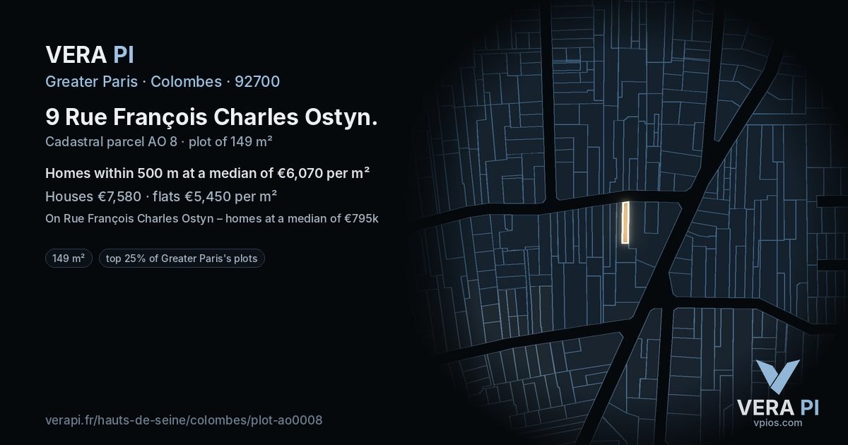 9 Rue François Charles Ostyn, Colombes at night – the plot lit, the parcels around coloured by the prices near them