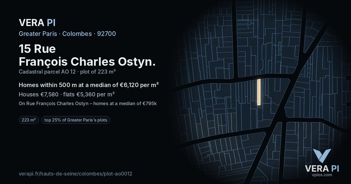 15 Rue François Charles Ostyn, Colombes at night – the plot lit, the parcels around coloured by the prices near them