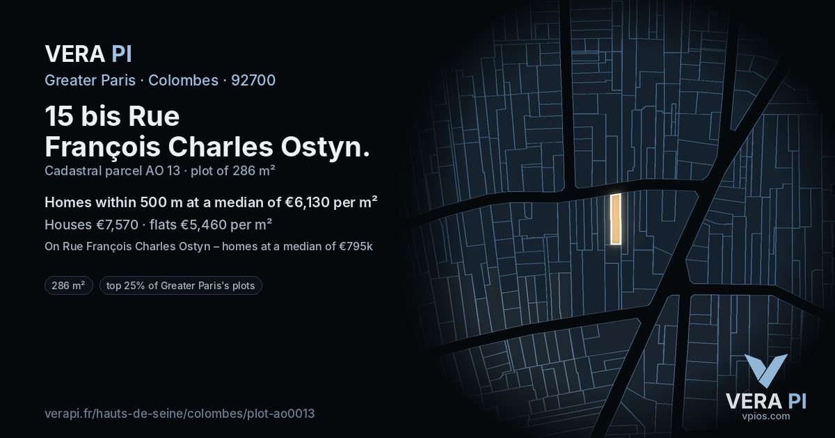 15 bis Rue François Charles Ostyn, Colombes at night – the plot lit, the parcels around coloured by the prices near them