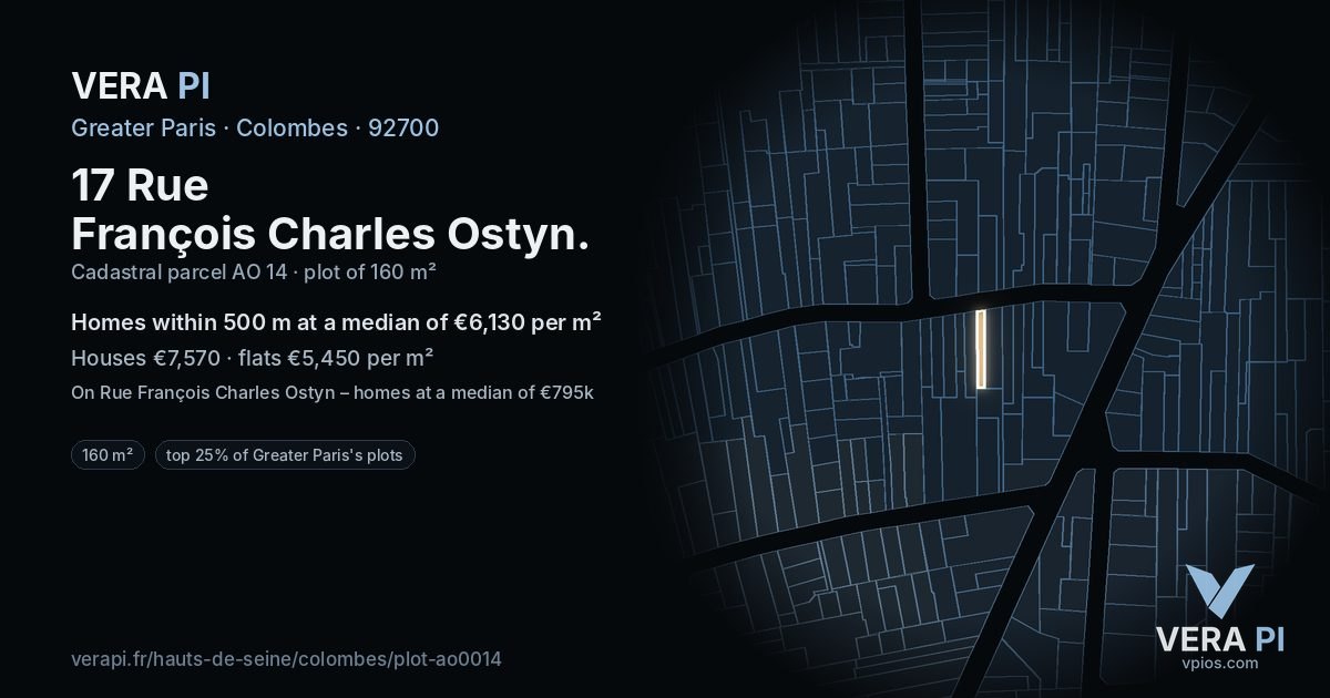 17 Rue François Charles Ostyn, Colombes at night – the plot lit, the parcels around coloured by the prices near them
