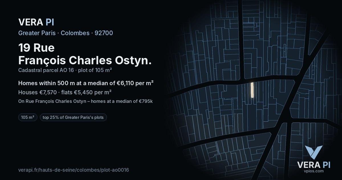 19 Rue François Charles Ostyn, Colombes at night – the plot lit, the parcels around coloured by the prices near them