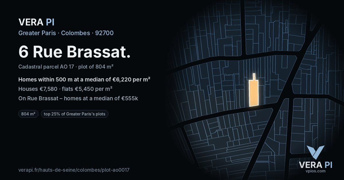 6 Rue Brassat, Colombes at night – the plot lit, the parcels around coloured by the prices near them