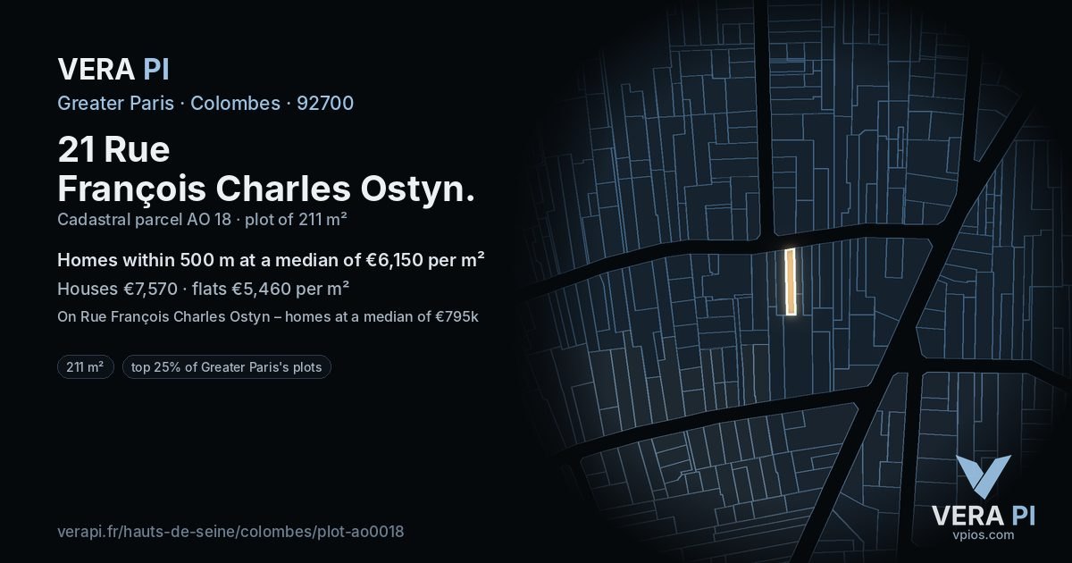 21 Rue François Charles Ostyn, Colombes at night – the plot lit, the parcels around coloured by the prices near them