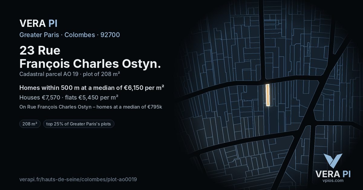 23 Rue François Charles Ostyn, Colombes at night – the plot lit, the parcels around coloured by the prices near them
