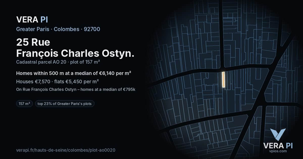 25 Rue François Charles Ostyn, Colombes at night – the plot lit, the parcels around coloured by the prices near them