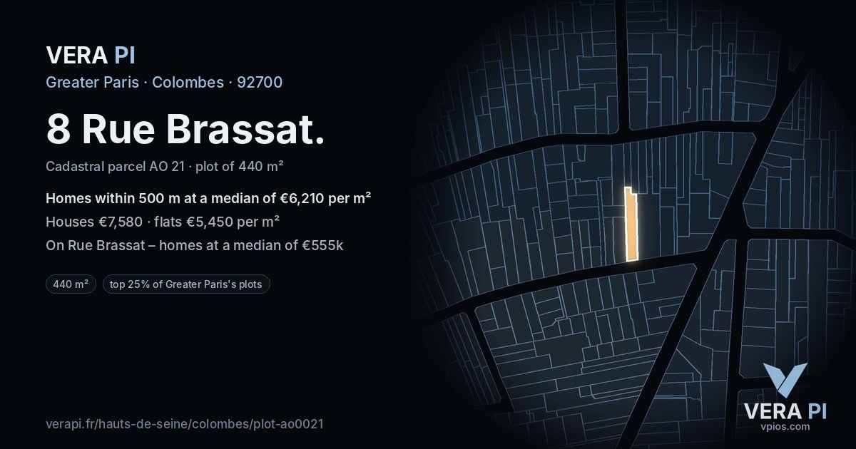 8 Rue Brassat, Colombes at night – the plot lit, the parcels around coloured by the prices near them