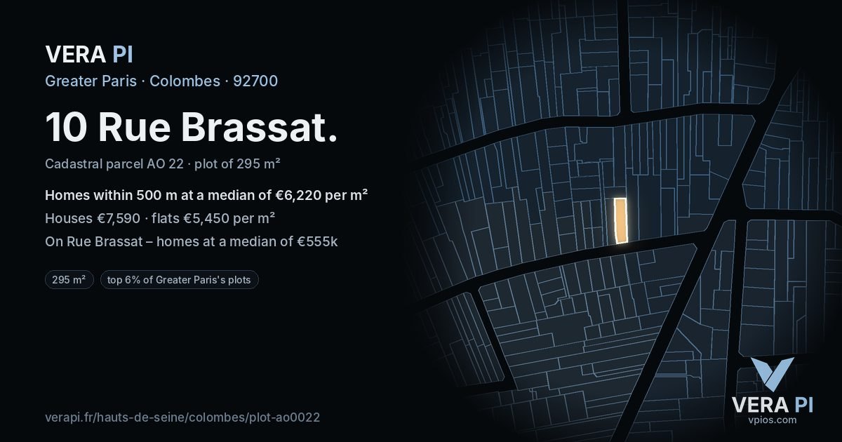 10 Rue Brassat, Colombes at night – the plot lit, the parcels around coloured by the prices near them