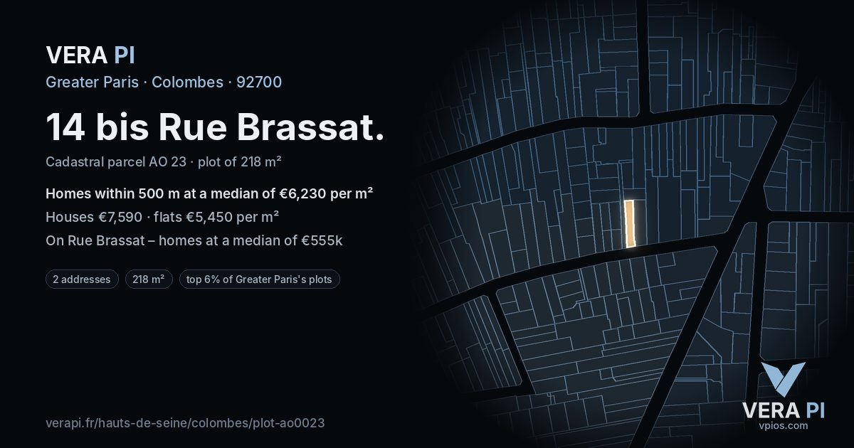 14 bis Rue Brassat, Colombes at night – the plot lit, the parcels around coloured by the prices near them