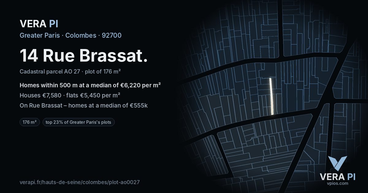 14 Rue Brassat, Colombes at night – the plot lit, the parcels around coloured by the prices near them