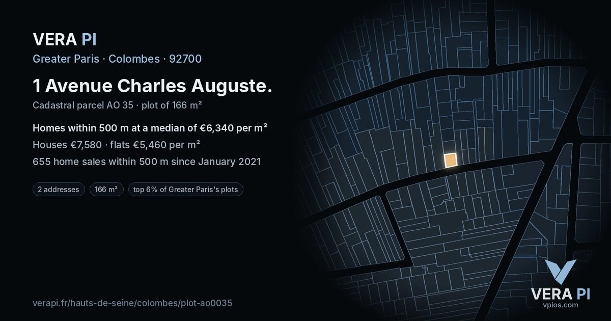 1 Avenue Charles Auguste, Colombes at night – the plot lit, the parcels around coloured by the prices near them