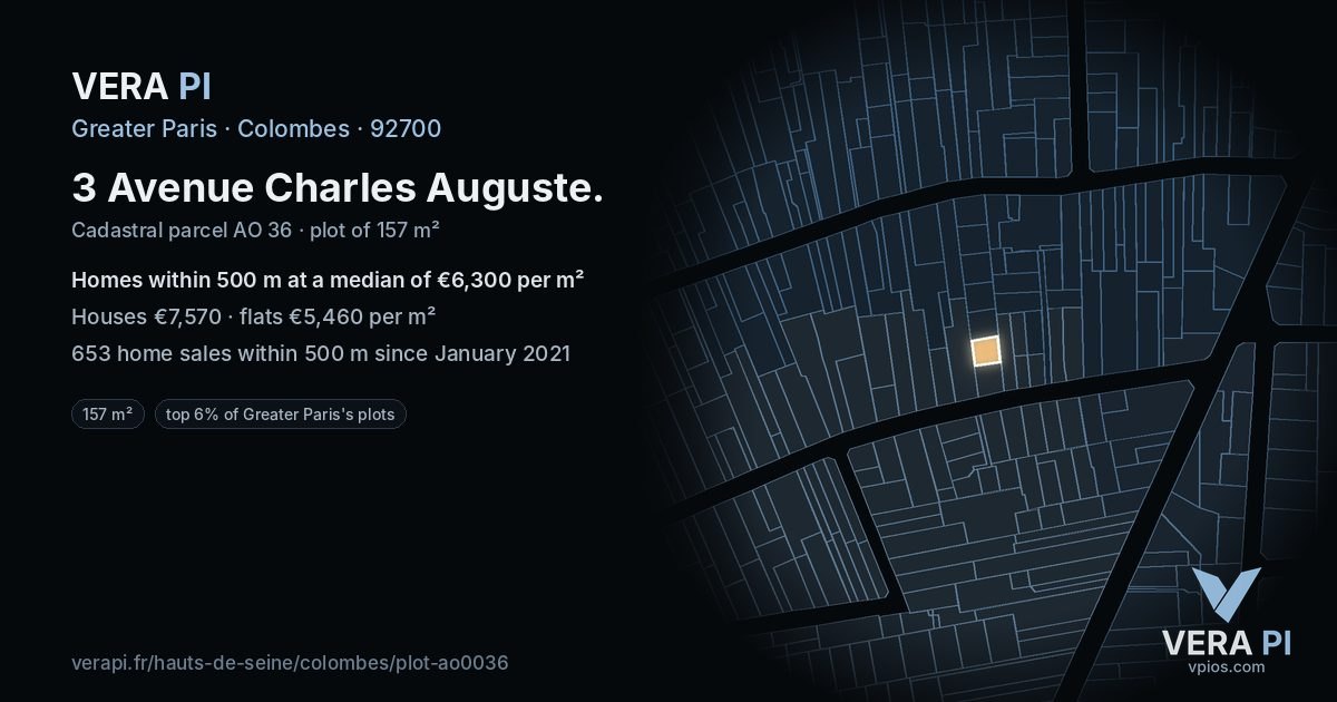 3 Avenue Charles Auguste, Colombes at night – the plot lit, the parcels around coloured by the prices near them