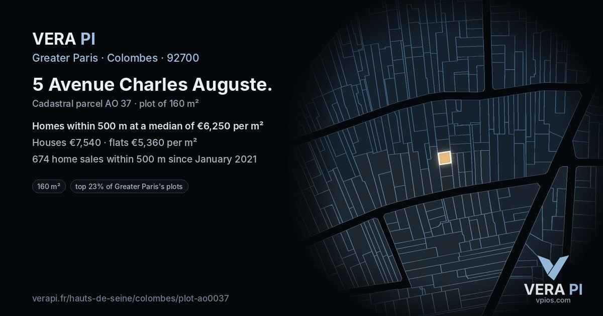 5 Avenue Charles Auguste, Colombes at night – the plot lit, the parcels around coloured by the prices near them