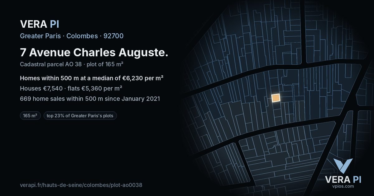 7 Avenue Charles Auguste, Colombes at night – the plot lit, the parcels around coloured by the prices near them