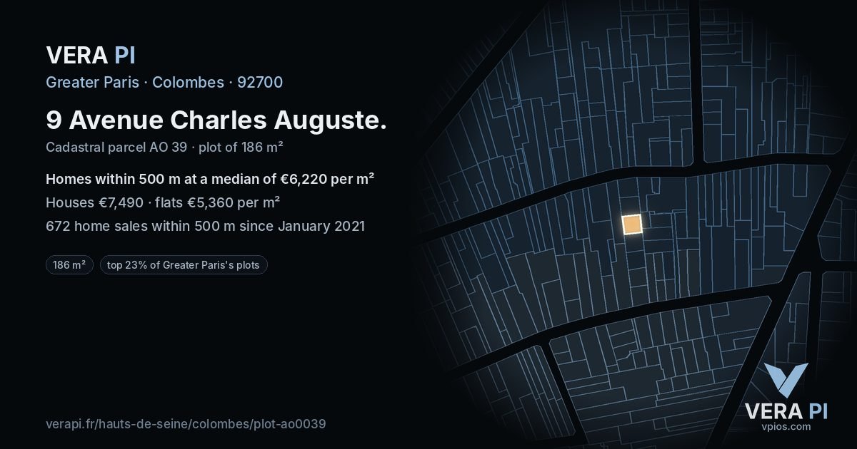 9 Avenue Charles Auguste, Colombes at night – the plot lit, the parcels around coloured by the prices near them