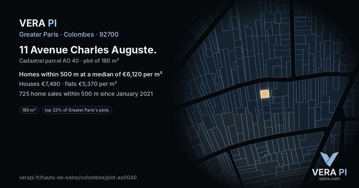 11 Avenue Charles Auguste, Colombes at night – the plot lit, the parcels around coloured by the prices near them
