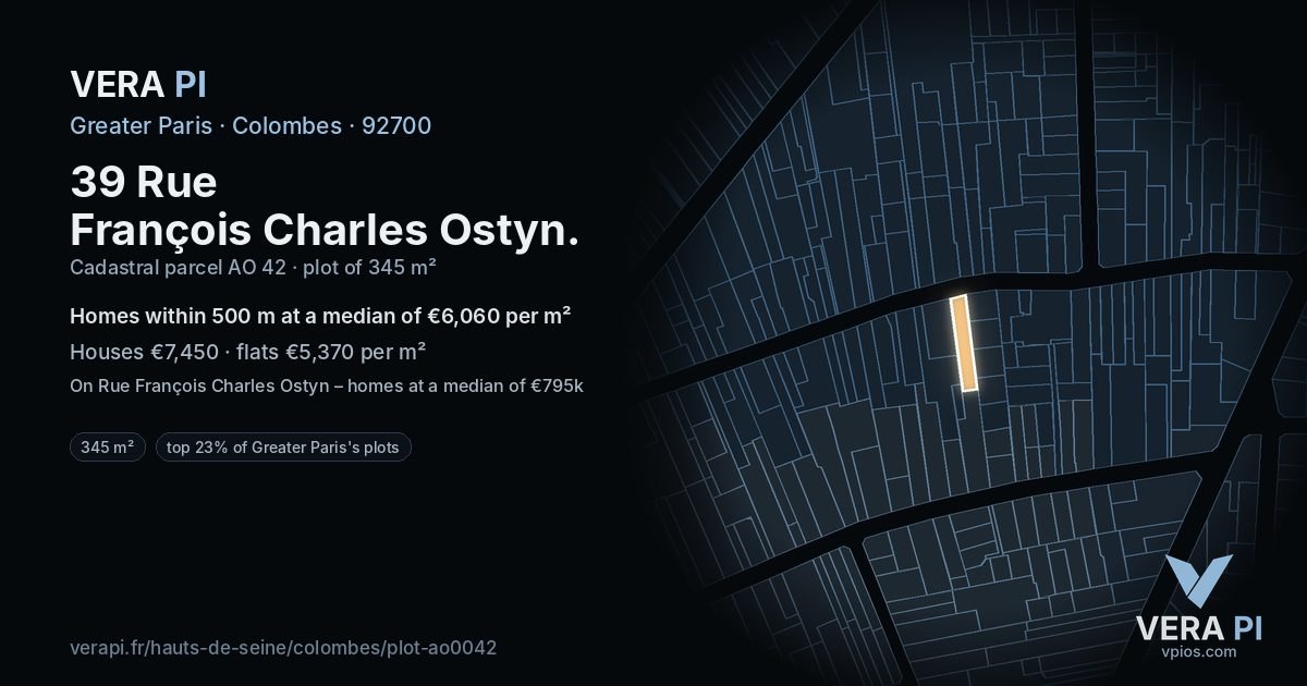39 Rue François Charles Ostyn, Colombes at night – the plot lit, the parcels around coloured by the prices near them