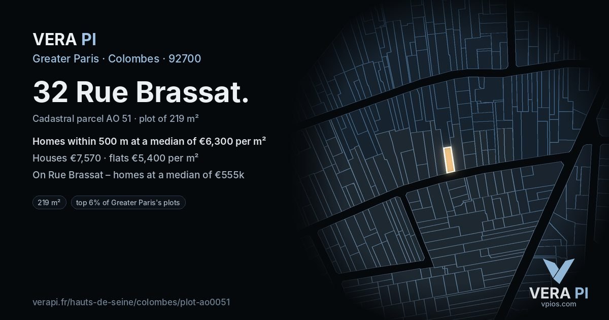 32 Rue Brassat, Colombes at night – the plot lit, the parcels around coloured by the prices near them
