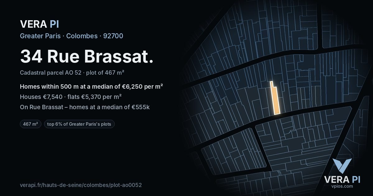 34 Rue Brassat, Colombes at night – the plot lit, the parcels around coloured by the prices near them