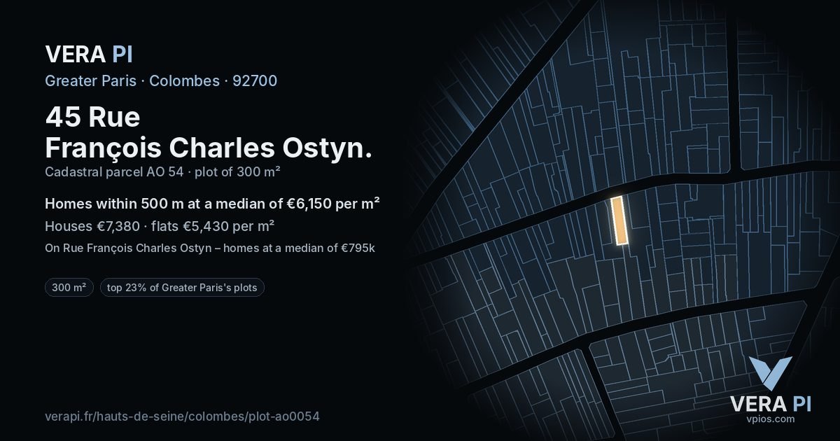 45 Rue François Charles Ostyn, Colombes at night – the plot lit, the parcels around coloured by the prices near them