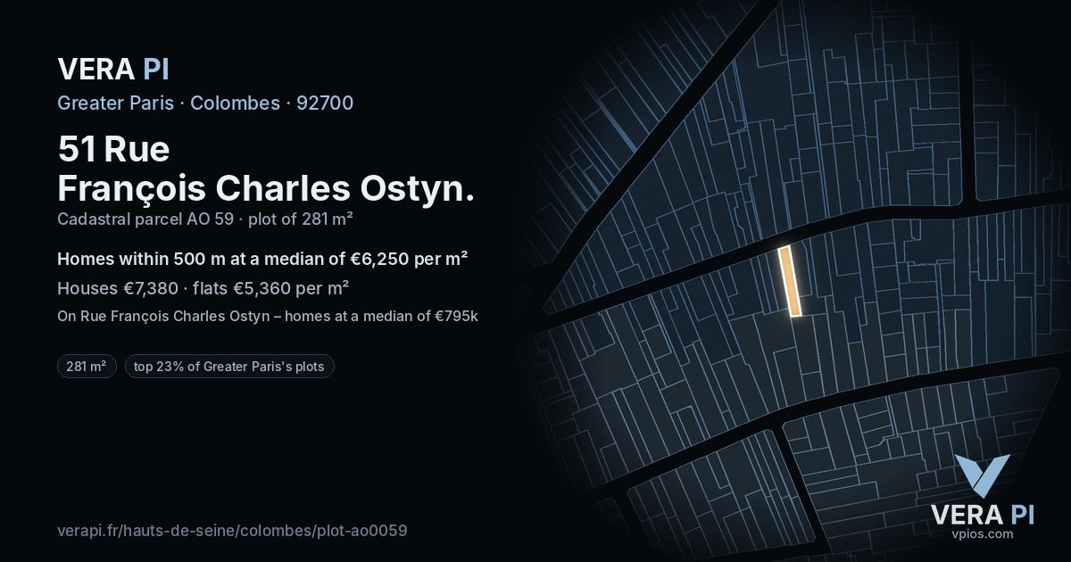 51 Rue François Charles Ostyn, Colombes at night – the plot lit, the parcels around coloured by the prices near them
