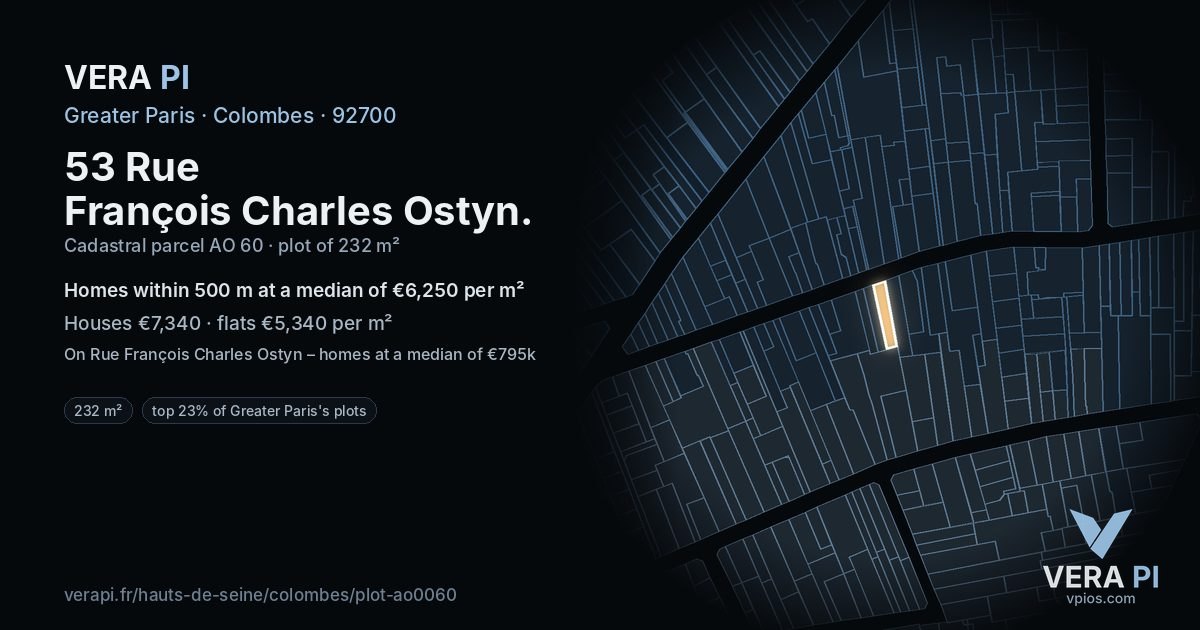 53 Rue François Charles Ostyn, Colombes at night – the plot lit, the parcels around coloured by the prices near them