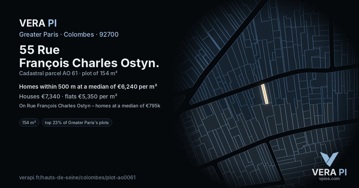 55 Rue François Charles Ostyn, Colombes at night – the plot lit, the parcels around coloured by the prices near them