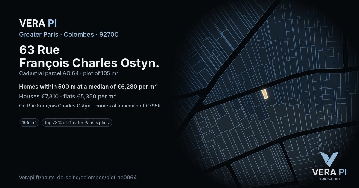 63 Rue François Charles Ostyn, Colombes at night – the plot lit, the parcels around coloured by the prices near them