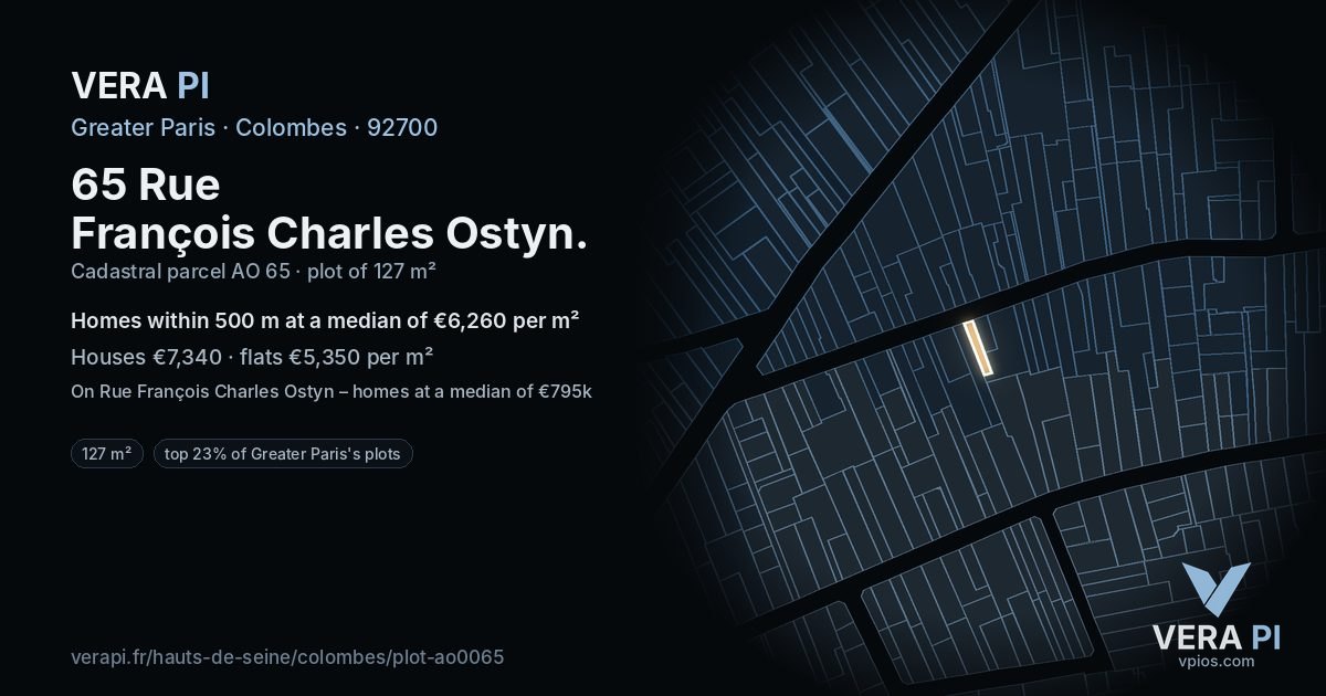 65 Rue François Charles Ostyn, Colombes at night – the plot lit, the parcels around coloured by the prices near them