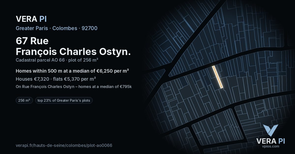 67 Rue François Charles Ostyn, Colombes at night – the plot lit, the parcels around coloured by the prices near them