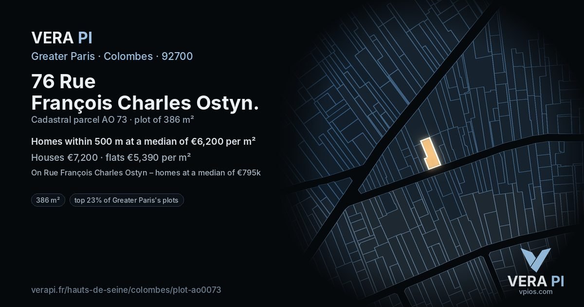 76 Rue François Charles Ostyn, Colombes at night – the plot lit, the parcels around coloured by the prices near them