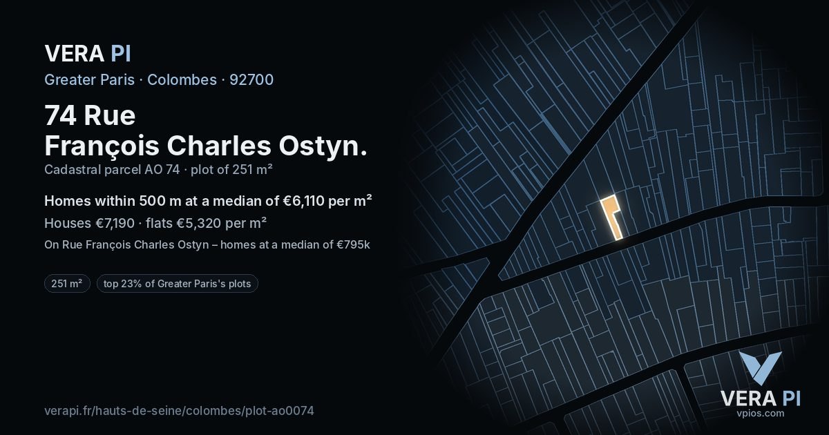 74 Rue François Charles Ostyn, Colombes at night – the plot lit, the parcels around coloured by the prices near them