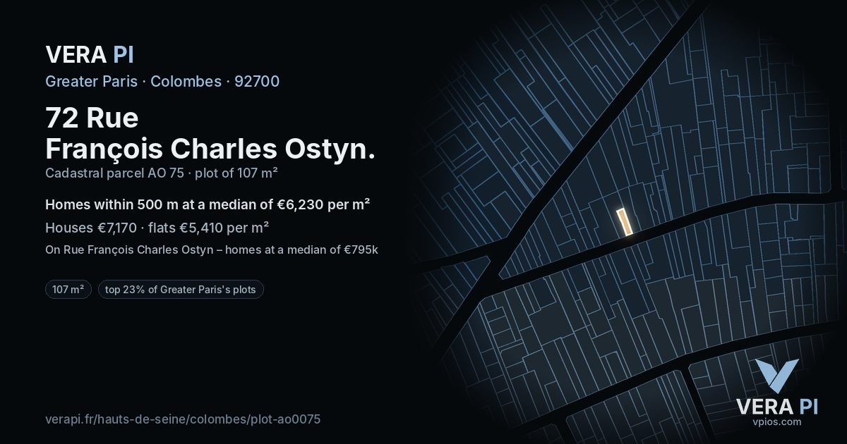 72 Rue François Charles Ostyn, Colombes at night – the plot lit, the parcels around coloured by the prices near them