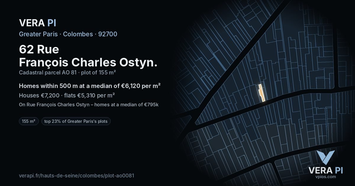62 Rue François Charles Ostyn, Colombes at night – the plot lit, the parcels around coloured by the prices near them