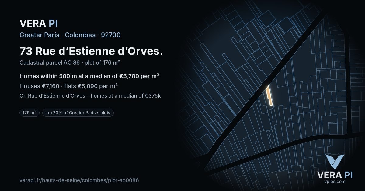 73 Rue d’Estienne d’Orves, Colombes at night – the plot lit, the parcels around coloured by the prices near them