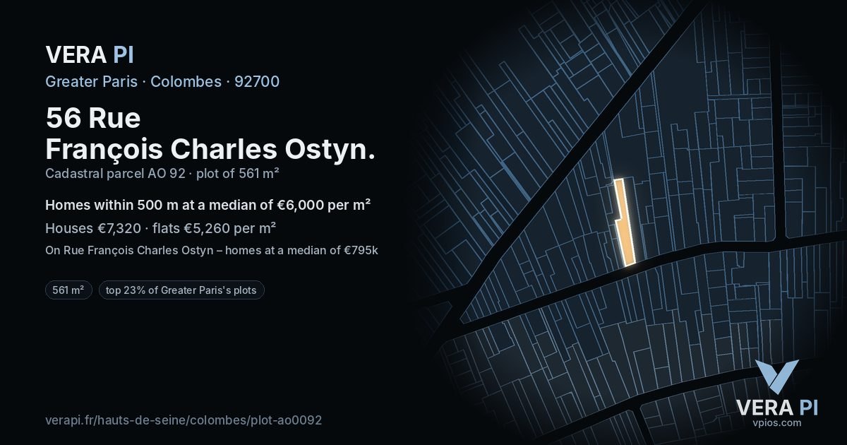 56 Rue François Charles Ostyn, Colombes at night – the plot lit, the parcels around coloured by the prices near them