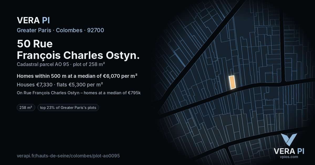 50 Rue François Charles Ostyn, Colombes at night – the plot lit, the parcels around coloured by the prices near them