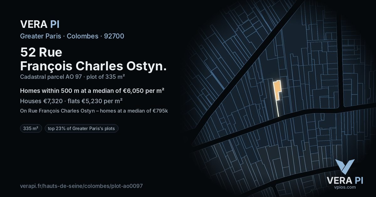52 Rue François Charles Ostyn, Colombes at night – the plot lit, the parcels around coloured by the prices near them
