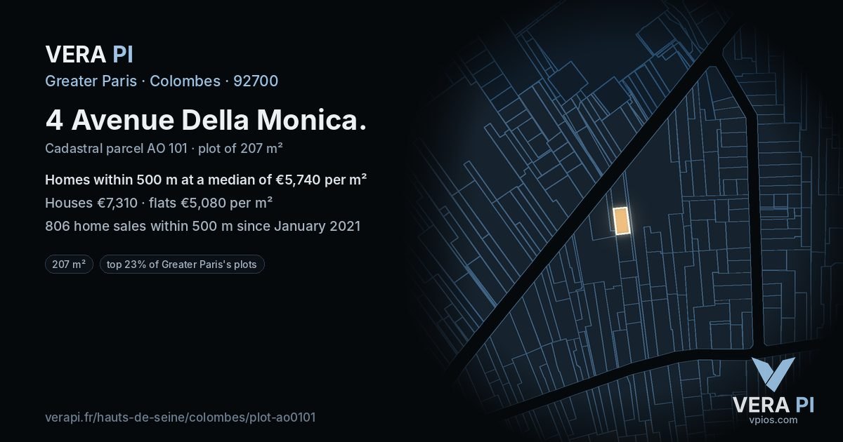 4 Avenue Della Monica, Colombes at night – the plot lit, the parcels around coloured by the prices near them