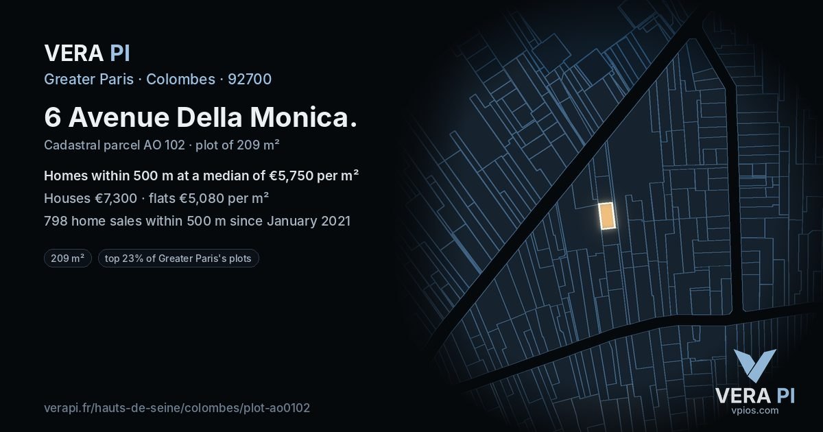 6 Avenue Della Monica, Colombes at night – the plot lit, the parcels around coloured by the prices near them