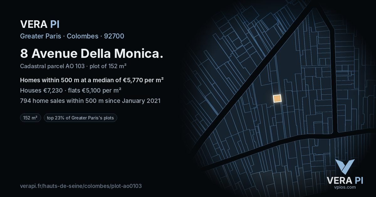 8 Avenue Della Monica, Colombes at night – the plot lit, the parcels around coloured by the prices near them
