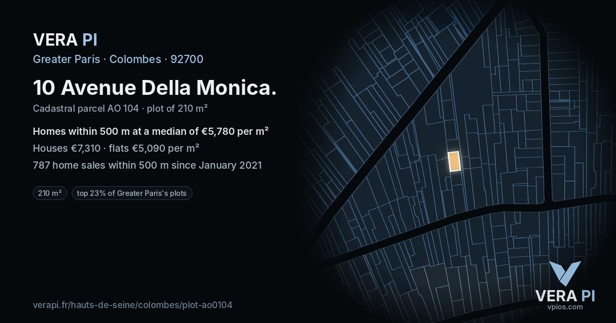 10 Avenue Della Monica, Colombes at night – the plot lit, the parcels around coloured by the prices near them