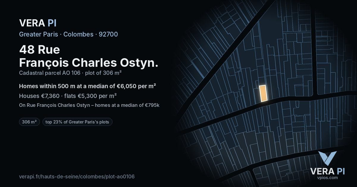 48 Rue François Charles Ostyn, Colombes at night – the plot lit, the parcels around coloured by the prices near them