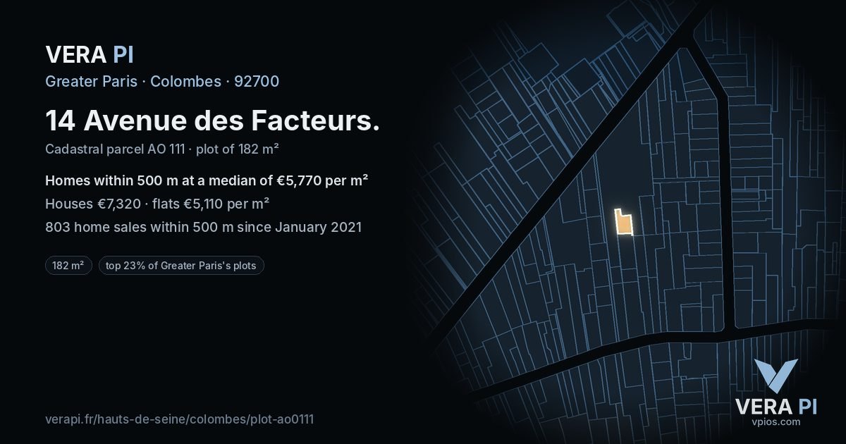 14 Avenue des Facteurs, Colombes at night – the plot lit, the parcels around coloured by the prices near them