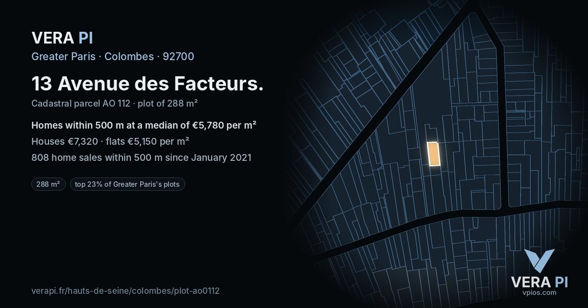 13 Avenue des Facteurs, Colombes at night – the plot lit, the parcels around coloured by the prices near them