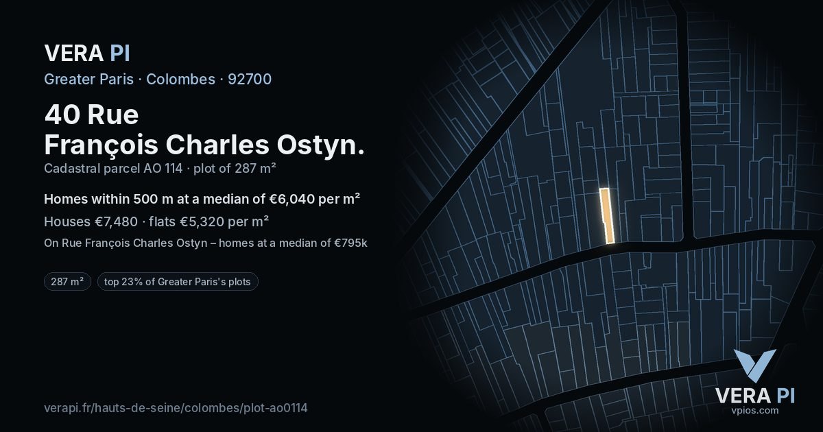 40 Rue François Charles Ostyn, Colombes at night – the plot lit, the parcels around coloured by the prices near them