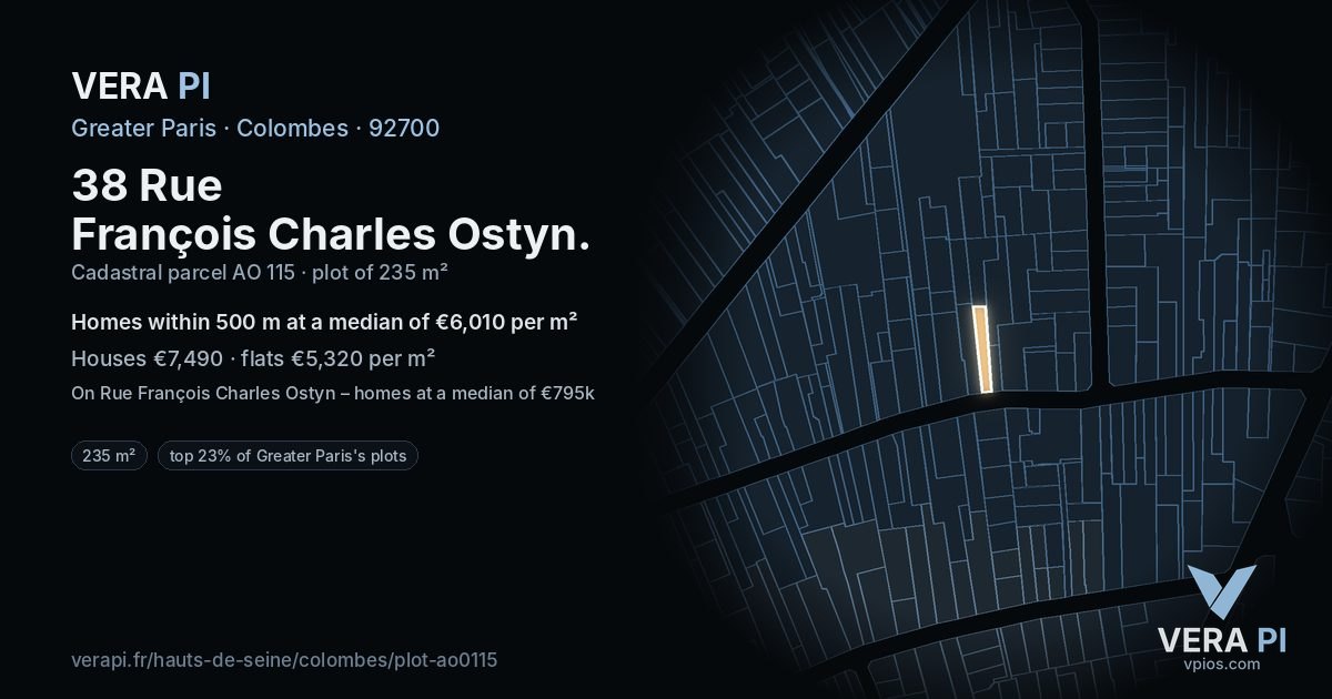 38 Rue François Charles Ostyn, Colombes at night – the plot lit, the parcels around coloured by the prices near them